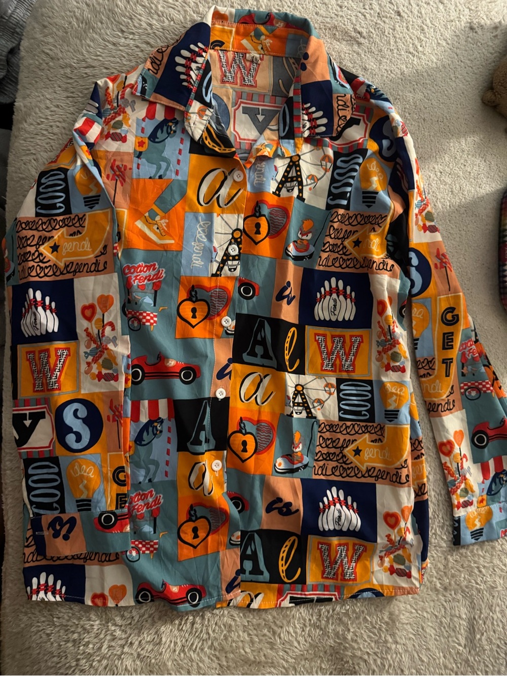 Colorful Patchwork letter bowling heart lock horse car Print Button-Up Shirt
